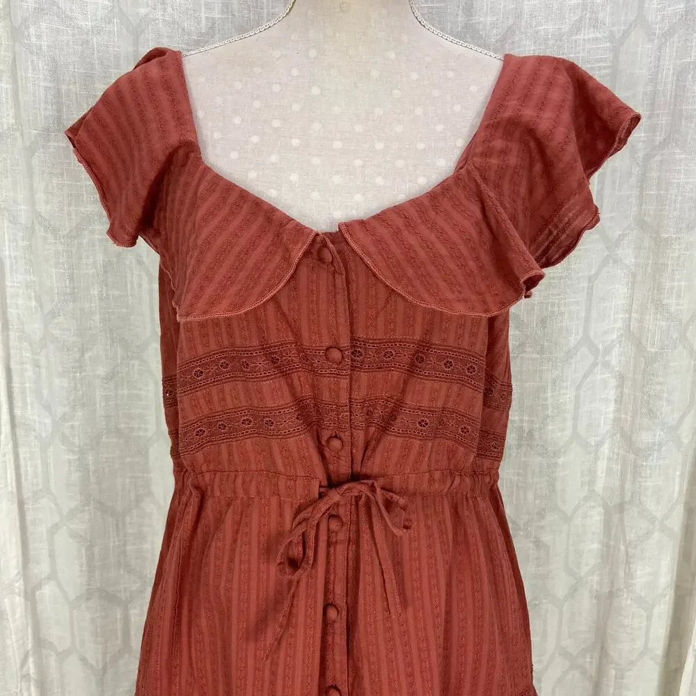 ASOS Peasant‎ Dress 8 Rust Terracotta Eyelet Lace Cotton Ruffle A Line Mini